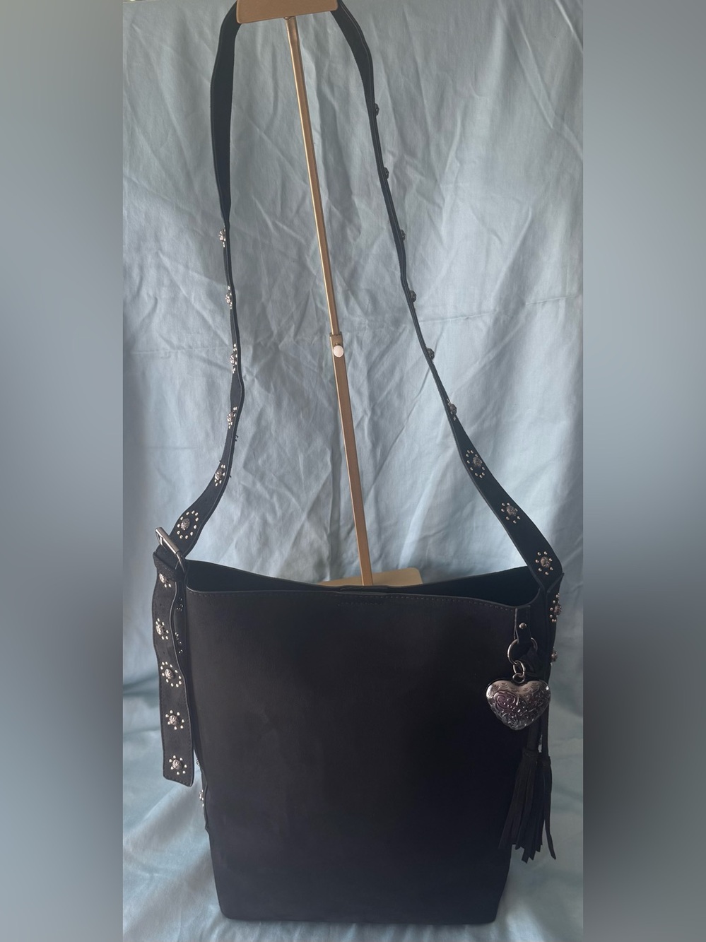Black Studded Suede Crossbody/Shoulder Bag with Heart Charm & Tassels Accent